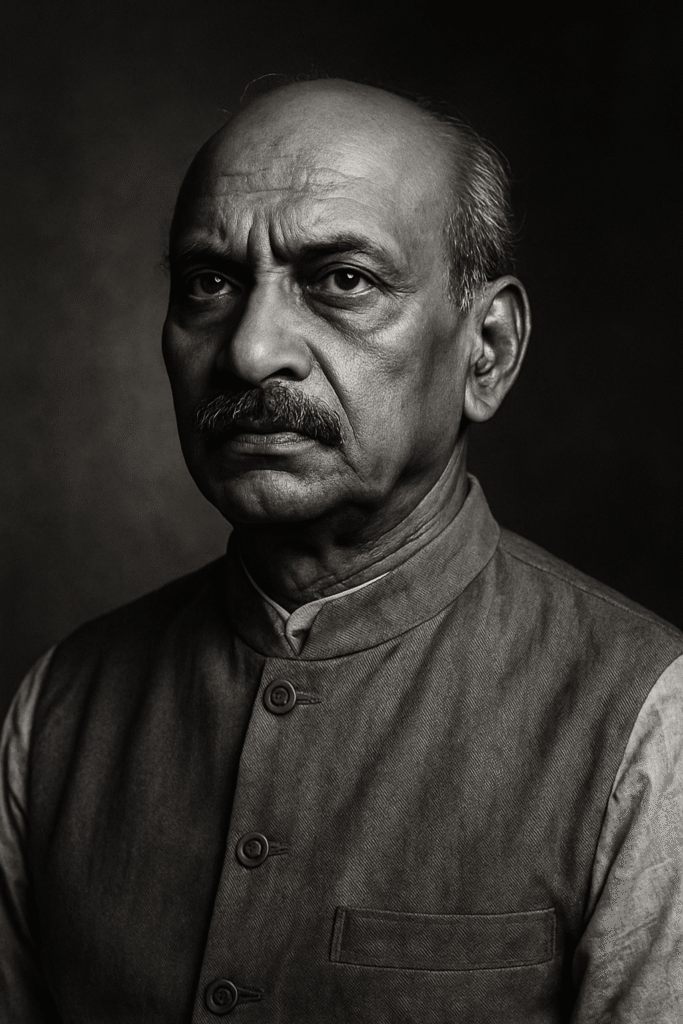 A powerful black and white portrait of a determined Indian leader inspired by Sardar Patel